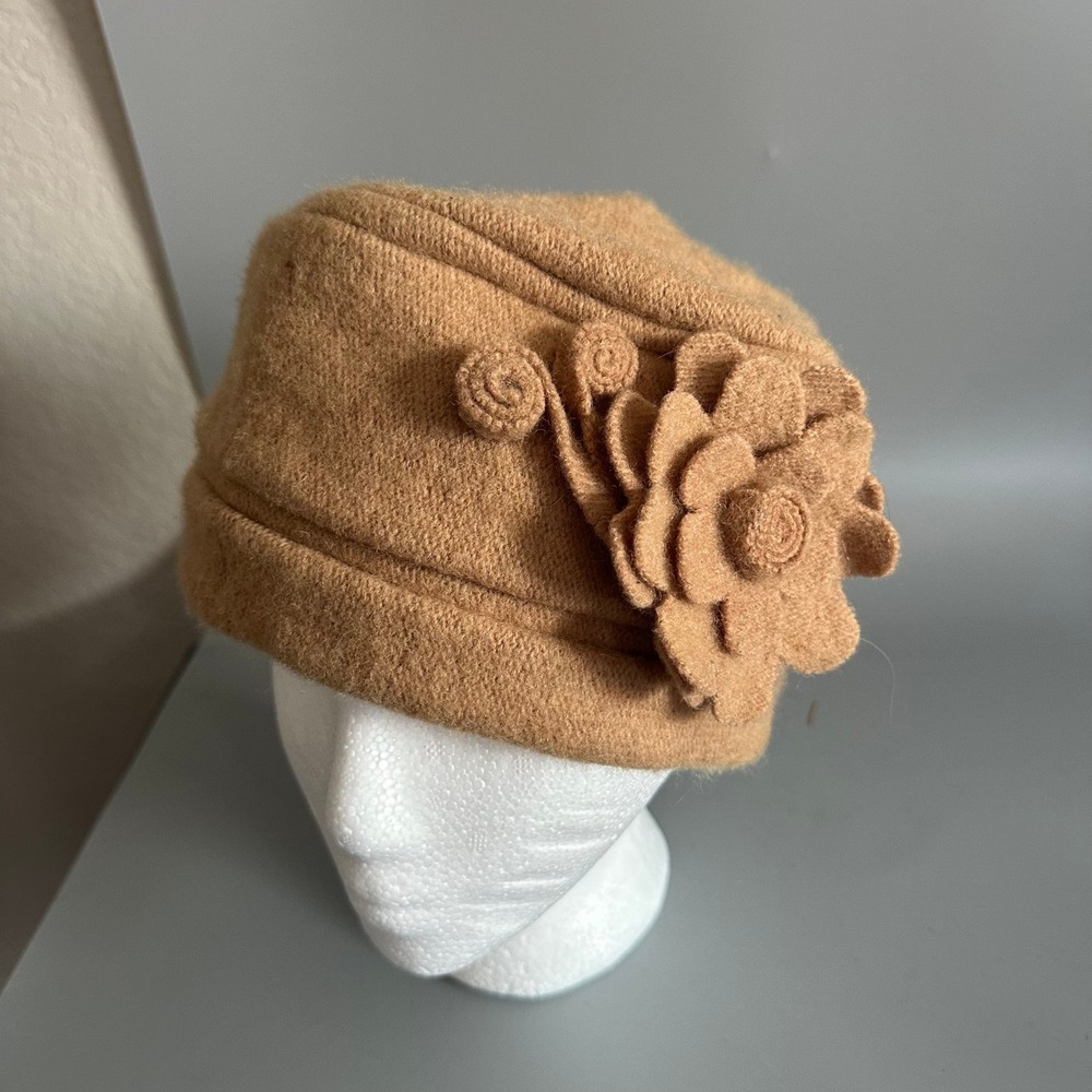 Adora Wool Cloche Hat Camel Tan Flower Accent Vintage Style One Size